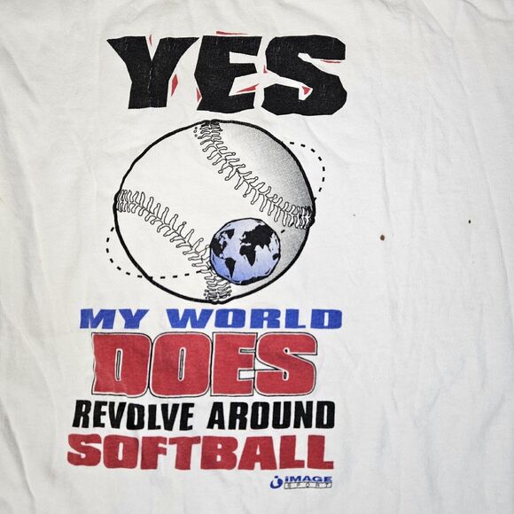 Vintage My World Does Revolve Around Softball Royal Avalon White Large Stained - Picture 1 of 7